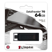 Kingston DT70/64GB DataTraveler 64GB USB Flash Drive, USB 3.2, USB-C, Gen1, 80MB/s, Clear Cap, Black, Retail.