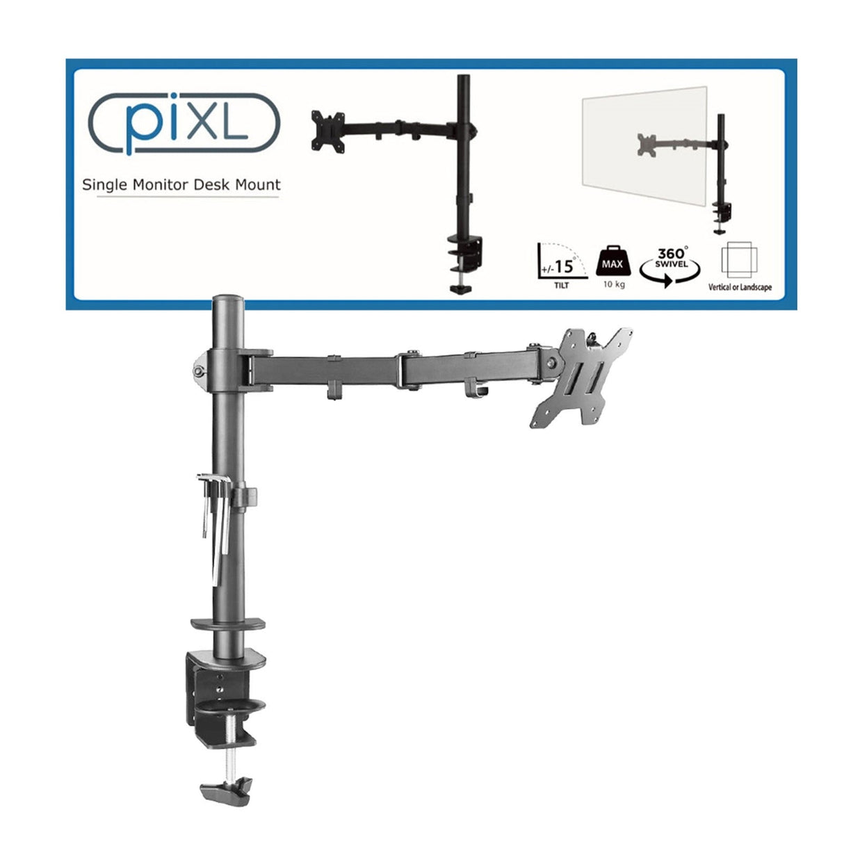piXL Desk-Mounted Fully-Adjustable Single Monitor Arm for Screens up to 32 inch with VESA Mount & Built-In Cable Management